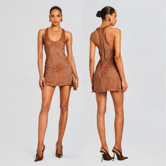 NWT Retrofete Cydney Sequin Mini Dress XS In Bronze Scoop Neck Racer Back - Picture 1 of 15